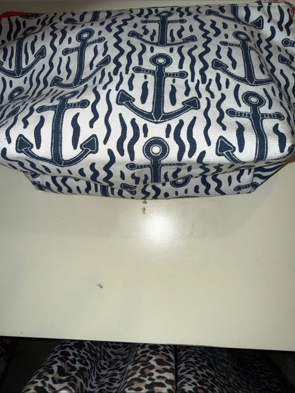 Nautical Anchor Print Cosmetic Pouch - Navy and White with Red Zip